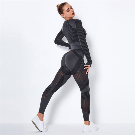 Yoga clothing suit striped hollow fitness two-piece suit - My Online Fitness Club Shop