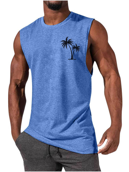 Men Coconut Tree Embroidery Vest Workout Muscle Tank Top