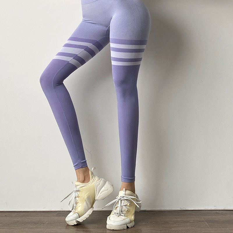 High Waisted Tummy Control Stripe Design Workout Yoga Legging Pants