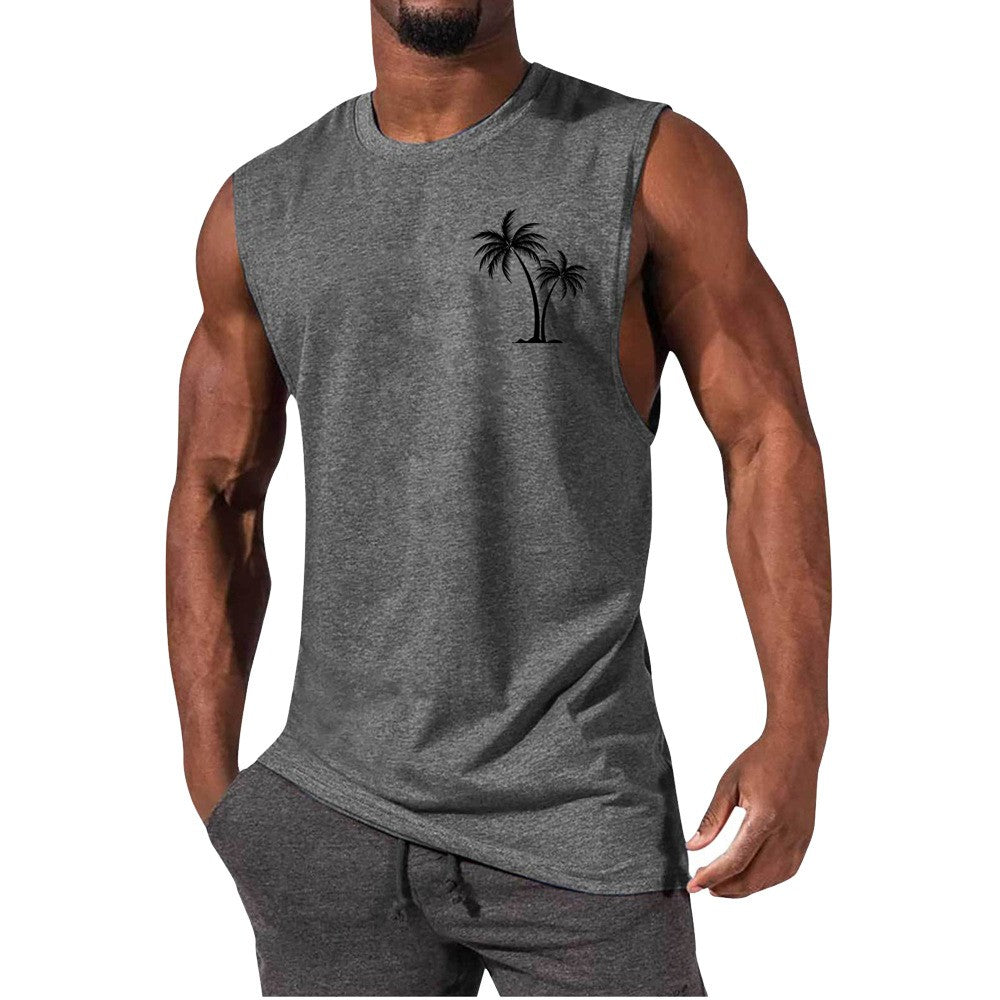 Men Coconut Tree Embroidery Vest Workout Muscle Tank Top