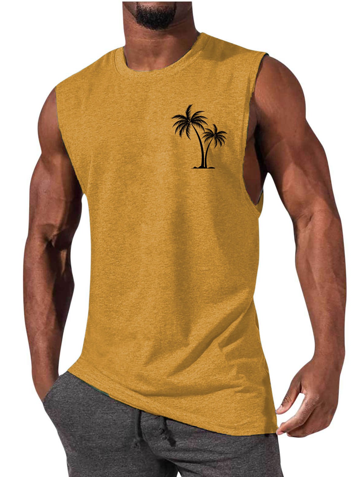 Men Coconut Tree Embroidery Vest Workout Muscle Tank Top